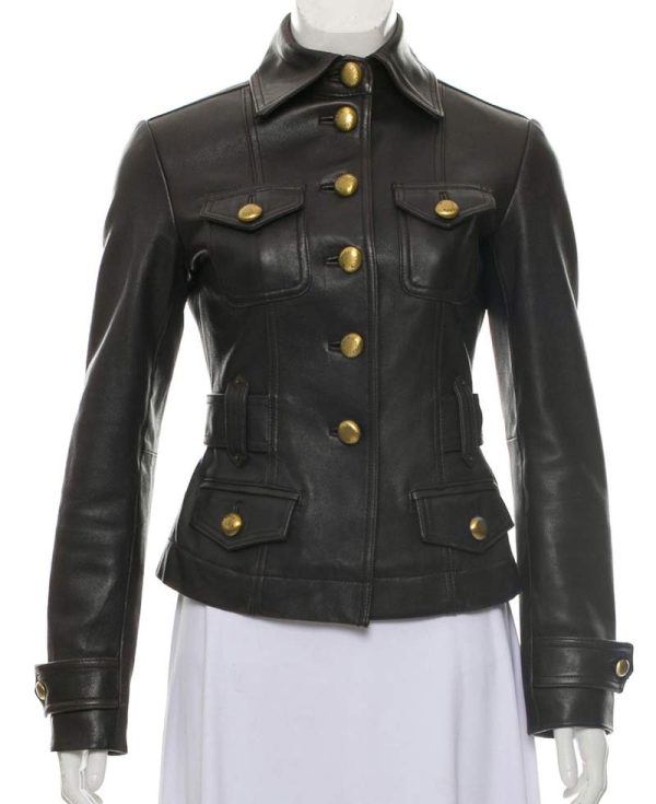 Women's Shirt Collar Style Black Leather Button Up Jacket